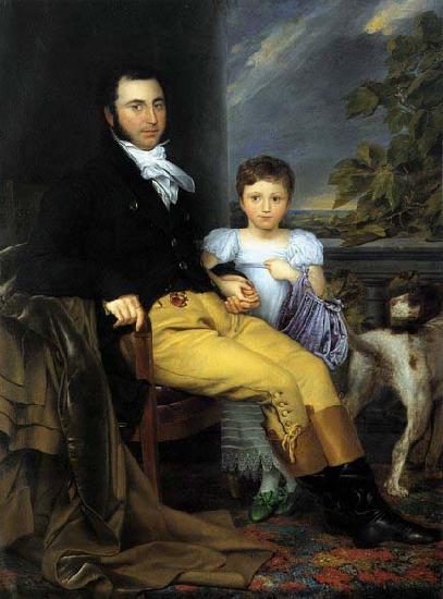 Joseph Denis Odevaere Portrait of a Prominent Gentleman with his Daughter and Hunting Dog oil painting image